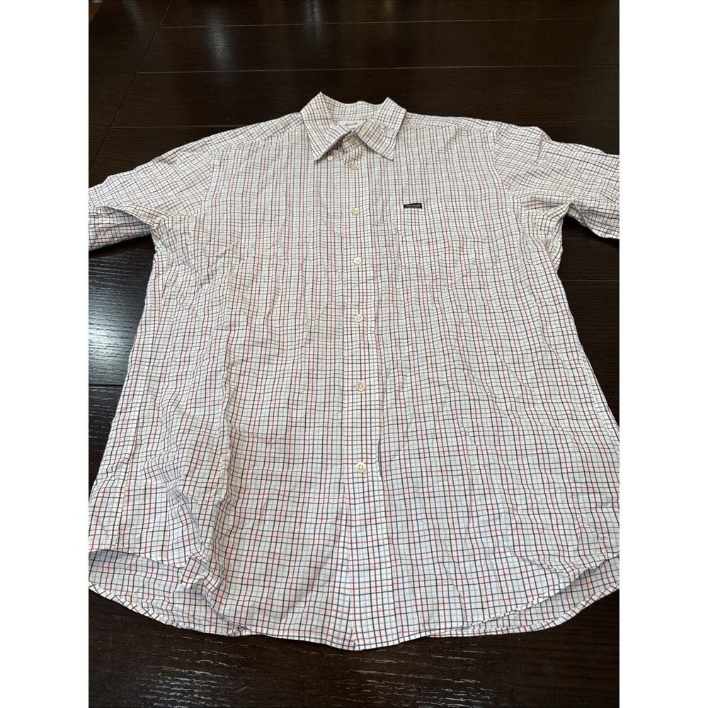 Faconnable Shirt Mens Size L Blue White Red Plaid Dress Button Up Short Sleeve